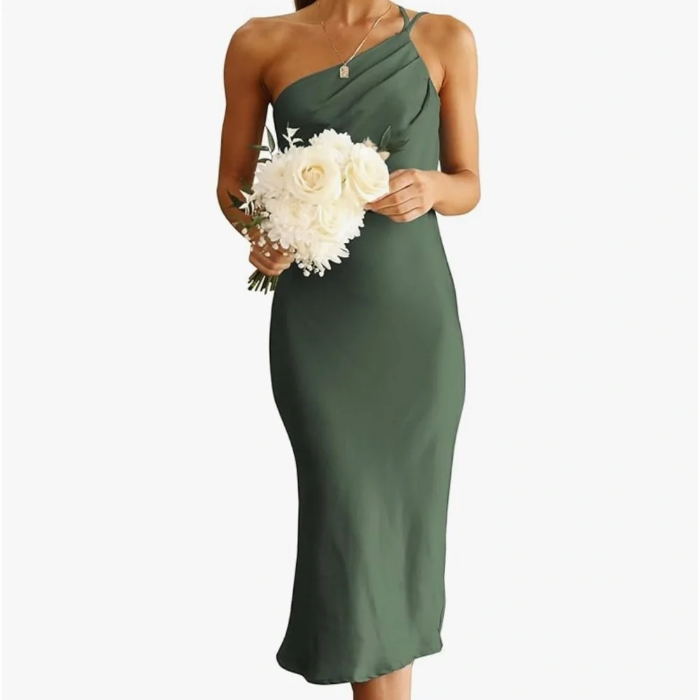 Army green satin one shoulder midi dress - Picture 1 of 5